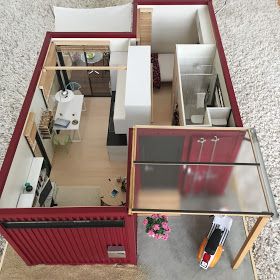 1:12 scale modern model houses: 1:12 Scale Shipping Container House completed! Apartemen Studio, Container Home Designs, Dollhouse Interiors, Casa Hobbit, Shipping Container Home Designs, Container Cabin, Container Houses, Mini Houses, Container Buildings