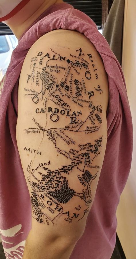 Westeros Map Tattoo, Erebor Tattoo Lord Of The Rings, Lotr Map Tattoo, Map Of Middle Earth Tattoo, Lotr Chest Tattoo, Mens Lord Of The Rings Tattoo, Middle Earth Map Tattoo Thigh, Lotr Tattoo, Lord Of The Rings Tattoo