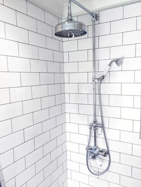 Grey Metro Tiles Bathroom, Grey Grout Bathroom, White Tiles Grey Grout, Metro Tiles Bathroom, White Metro Tiles, Bathroom Grey, Basement Flat, White Grout, Grey Grout