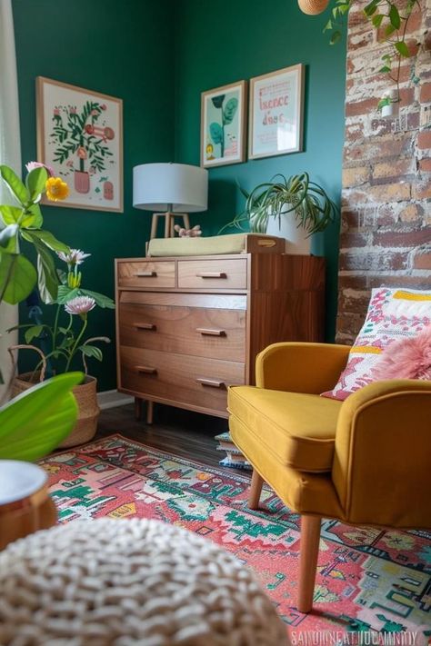 Creating a Mid-century Modern Nursery: Timeless Charm Mid Century Bright Eclectic, Mid Century Baby Nursery, Mid Century Playroom, Mid Century Maximalism, Colourful Mid Century Modern, Midcentury Nursery, Mid Century Colorful, Nursery Color Palette, Eclectic Mid Century Modern