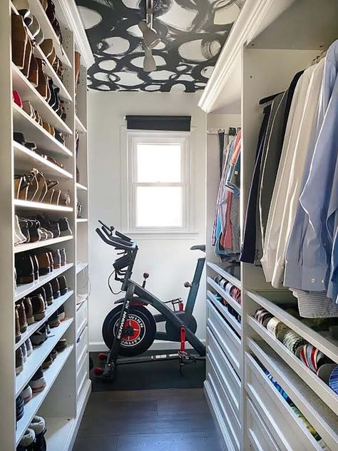 8 Awesome DIY Reader Home Gyms To Inspire You... And Us! - Emily Henderson Peloton In Bedroom, Office/workout Room, Workout Room Flooring, Home Gym/office, Bedroom Gym, Home Office/gym, Workout Room Home, Diy Home Gym, Mill House