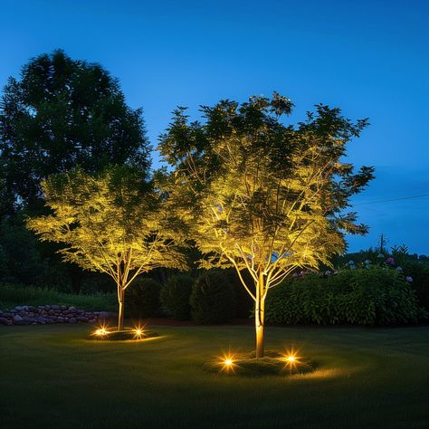 backyard_lighting_ideas_trees 10 Lighting For Trees Outdoor, Garden Tree Lights, Tree Spotlight Outdoor, Backyard Tree Lights, Front Walkway Lighting Ideas, Garden Led Lighting Ideas, Under Tree Lighting, Lawn Lighting Ideas, Lights In Trees Backyard