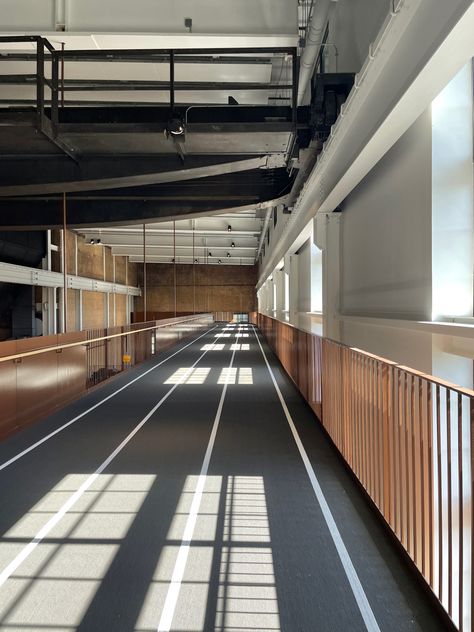 Inside, light, aesthetic, windows, track, running, indoor track, interior design Indoor Track Aesthetic, Outdoor Track Aesthetic, Athletic Facility Design, Barndominium Gym, Sport Court Indoor, Indoor Running Track, Indoor Track And Field, Sports Training Facility Architecture, Running Room