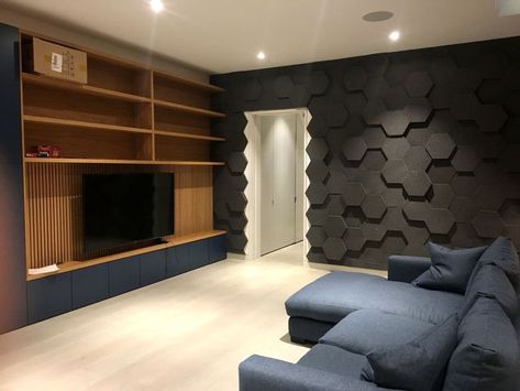 Hexagon foam tiles create acoustic bliss with a dramatic ‘honeycomb’ effect on your walls. They can be installed to create an uneven surface, absorbing and diffusing a wide range of frequencies and sound waves. Cut to any size, available in our full range of acoustic foams (G25, Melamine, Class 0) and, thanks to our unique colour coating systems, a choice of any RAL or Pantone colour is available for each individual tile, so you can deliver a hexagonal acoustic panel solution that’s truly unique Hexagon Acoustic Wall Panels, Hexagon Sound Panel Wall, 3d Acoustic Wall Panels, Acoustic Panels Wall Design Bedroom, Home Theater Acoustic Panels, Sound Proof Panel Design, Acoustic Foam Wall Design, Uneven Walls Solutions, Acoustic Wall Panels Sound Proofing