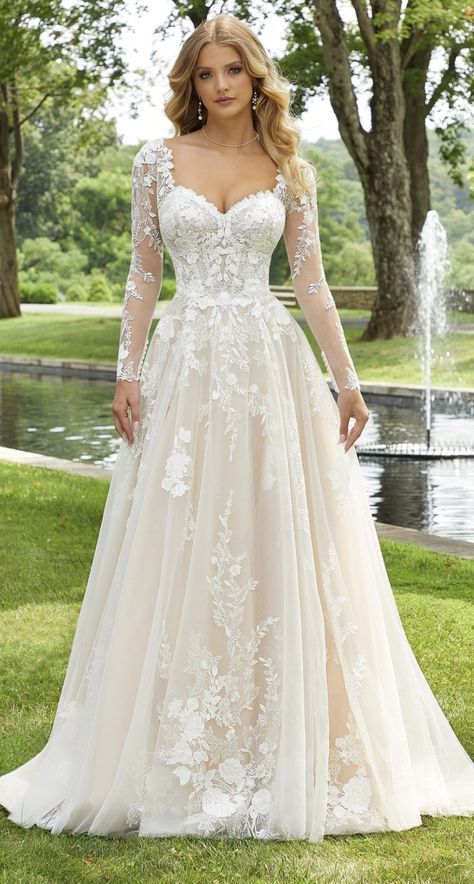 Wedding Dresses For A Fall Wedding, Aline Vneck Wedding Dress With Sleeves, Floral Wedding Dress Long Sleeve, Lace Vintage Wedding Dress With Sleeves, Simple Dresses Wedding, Simple Lace Long Sleeve Wedding Dress, Wedding Dress For Pale Skin Brides, Flowy Lace Wedding Dress With Sleeves, Beige Wedding Dress Champagne Ivory