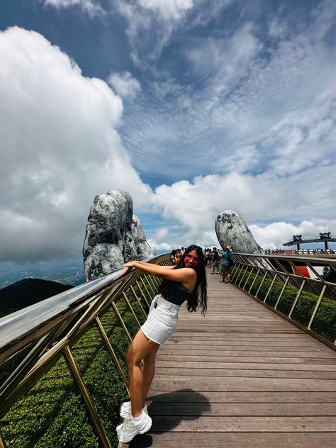 my most favourite attraction of the entire trip, Sunworld Da nang #goldenbridge #vietnam #aesthetic #travel Vietnam Poses, Vietnam Instagram Pictures, Vietnam Pics, Vietnam Outfit, Vietnam Aesthetic, Travel Poses, Vacation Board, Vision 2024, Vietnam Itinerary