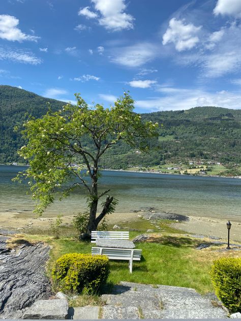 #norway #fjord #summer #summervibes #scandinavian #scandisummer #mountains #nature #aesthetic #bluesky #sun  #sogndal #sognefjorden #bergen #oslo #hiking #paradise Scandinavian Summer, Summer Hike, Beach Cabin, Paradise Beach, Beautiful Places Nature, Nature Aesthetic, Summer House, Scandinavia, Peaches