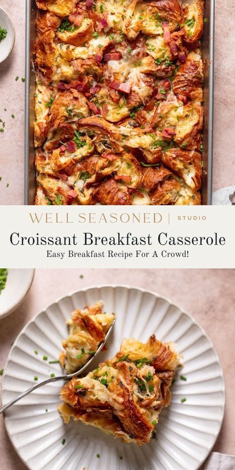 Take the stress out of hosting brunch with our easy, impressive Croissant Breakfast Casserole! Tender, flaky croissants, crispy bacon, and Gruyere and white Cheddar cheeses are piled high in a baking dish along with a creamy custard of eggs and heavy cream. It's pure indulgence and is just as good on a Sunday morning as it is for a holiday brunch. Will easily feed 8 hungry guests! #wellseasonedstudio #croissant #breakfastcasserole #bakedfrenchtoast Cheese And Bacon Strata Cake, Croissant Bacon Breakfast Casserole, Breakfast Strata With Croissants, Croissant Chocolate Chip Breakfast Casserole, Fall Brunch Casserole, Bacon Egg And Cheese Croissant Bake, Breakfast Bake With Croissants, Breakfast Meals For A Crowd, Christmas Croissant Breakfast