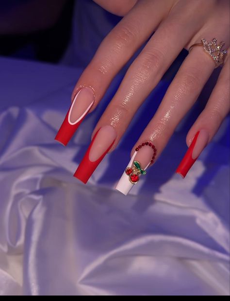 Black Nails Red Underneath, Nails Red Underneath, White And Red French Tip Nails, Red And White French Tip Nails, Red And White French Tip, Red French Nails Design, Cherry Acrylic Nails, Acrylic Nails French, White French Tips