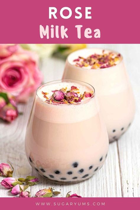 two glasses filled with rose milk tea with tapioca and dried roses on top How To Make Jasmine Milk Tea, Jasmine Green Milk Tea, Jasmine Tea Recipe, Rose Syrup Recipe, Jasmine Milk Tea, Jasmine Milk Tea Recipe, Milk Tea Recipe, Rose Milk Tea, Boba Tea Recipe