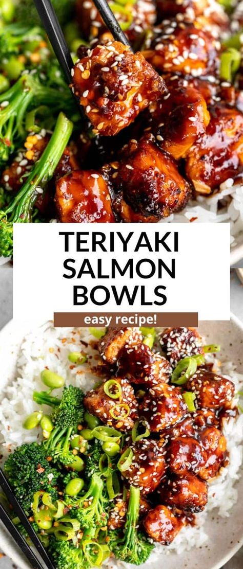 These teriyaki salmon bowls are the perfect easy and healthy dinner recipe. They're gluten free, with crispy air fryer, baked or pan fried salmon. Serve these salmon bowls with rice, veggies and more teriyaki sauce. Baked Teriyaki Salmon, Salmon Bowls, Healthy Bowls Recipes, Healthy Salmon, Teriyaki Salmon, Healthy Bowls, Salmon Dishes, Perfect Dinner, Fish Dinner