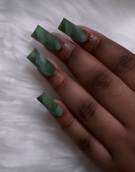 Simple Two Tone Nails, Army Green Square Nails, Taurus Themed Nails, Money Green Nails Acrylic, Green Square Nails Design, Hunter Green Short Nails, Green Full Set Nails, Navy Blue And Green Nails, Green Medium Nails