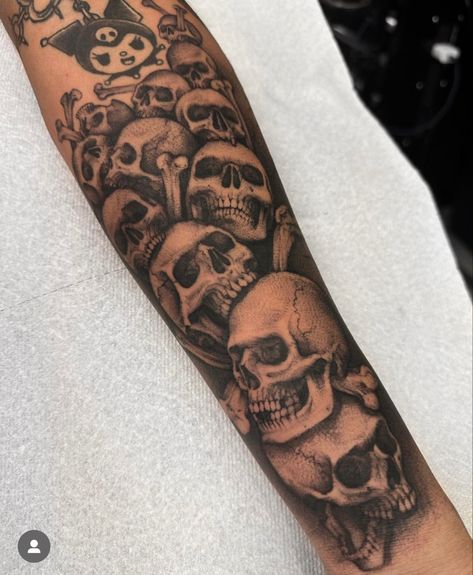 Men’s Skull Tattoos, Skull Bicep Tattoo, Skull Filler Tattoo Ideas, Rock Sleeve Tattoo, Halloween Forearm Tattoo, Arm Sleves Tattoo Design, Skull Tattoos Sleeve, Shin Tattoo Women, Skull Forearm Tattoo Men