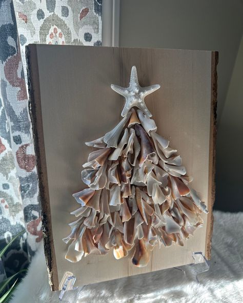 Excited to share this item from my #etsy shop: Decorative Wood Plank, Shell Tree Shell Art Christmas, Driftwood Shell Art, Sea Shell Display Ideas, Seashell Trees, Oyster Shells Decor, Seashell Flowers, Shell Tree, Seashell Artwork, Seashell Art Diy