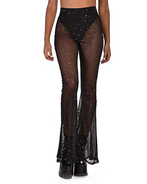 Amazon.com: iHeartRaves Women's Flared Bell Bottom Pants - Mesh, Metallic, Rhinestone High Waisted Pants: Clothing Sheer Pants Outfit, Rave Fit, Rave Pants, High Waisted Pants Outfit, Rave Looks, Flowy Wide Leg Pants, Rave Fits, Outfit Pants, Sheer Pants