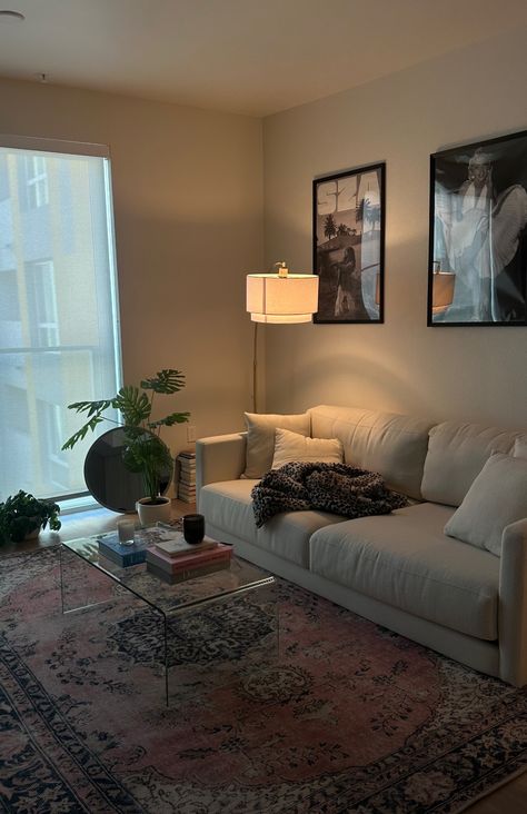 Grey Walls Small Living Room, Apartment Decorating Classy, Apartment Living Room On A Budget, Room Inspo Living Room, Living Room Decor White Floor, Small Table By Window, Beige Aesthetic Apartment Living Room, Apartment Inspo Black And White, Jazz Aesthetic Living Room