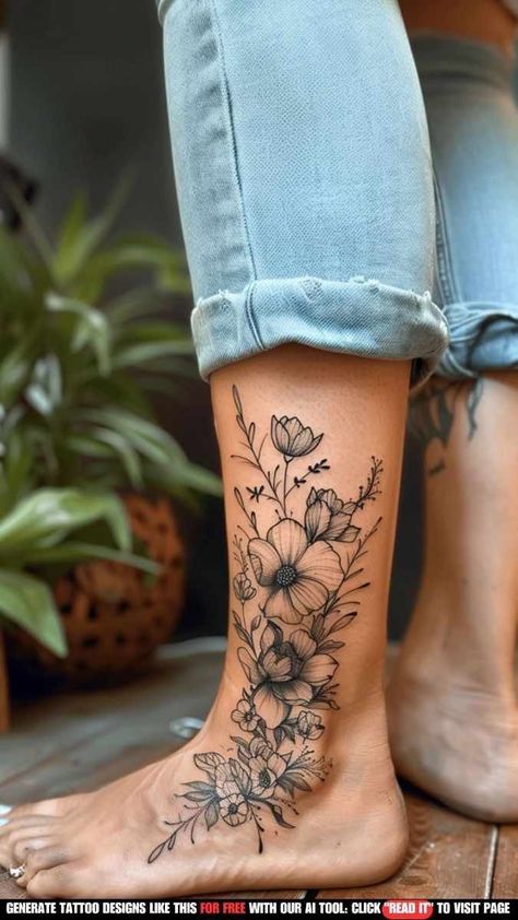 Rustic Flower Tattoo, Flower Tattoos For Women Leg, Flower And Plant Tattoos, Tattoo Leg Ideas, Cactus Flower Tattoo, Flower Leg Tattoo, Feet Tattoos For Women, Flower Ankle Tattoos, Ankle Tattoo Cover Up