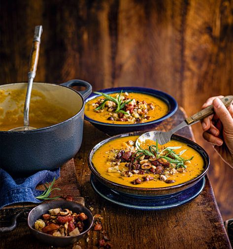 Spiced pumpkin soup with nutty bacon crumble recipe | Sainsbury`s Magazine Giant Lantern, Spiced Pumpkin Soup, Recipes For Lunch, Breakfast Meat, Bacon Soup, Butternut Squash Recipes, Crumble Recipe, Flavored Bacon, Spiced Pumpkin