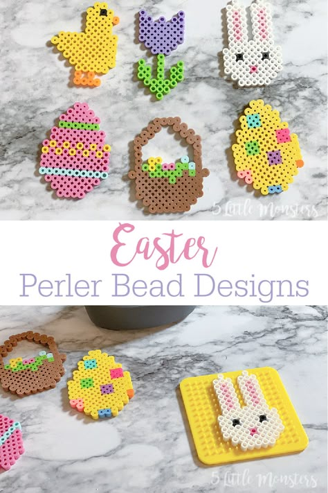 6 Easter or Spring themed Perler Bead designs. Fun for an Easter kid craft project. Spring Perler Beads, Spring Perler Bead Patterns, Easter Beads, Beads Pattern, Easter Pixel Art, Easter Melty Bead Patterns, Easter Perler Beads, Perler Bead Easter Patterns, Easter Perler Bead Patterns