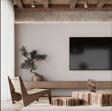 Tv On The Wall, Japandi Interior, Room Decor Ideas, Living Room Tv, Rustic Interiors, Interior Inspo, Tv Wall, Living Room Inspiration, Living Design