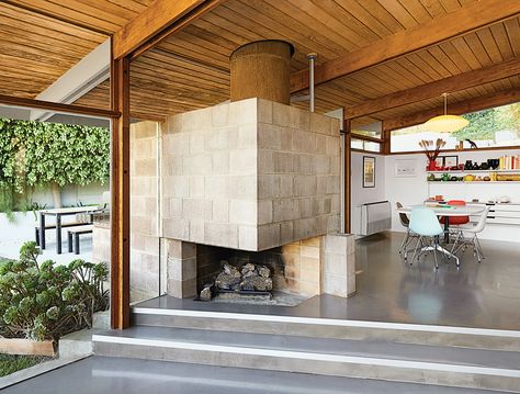 Cinderblock Fireplace, Block Fireplace, Midcentury House, Modern Renovation, Midcentury Home, Vintage Architecture, Interiors Inspiration, Corner Fireplace, Cinder Block