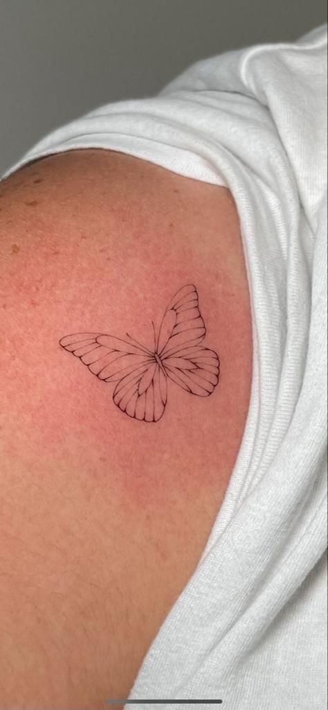 Butterfly Tattoos Fine Line, Butterfly Tattoo Delicate, Fine Line Tattoo Ideas Butterfly, Butterfly Placement Tattoo, Small Fine Line Butterfly Tattoo, Fine Line Butterfly Tattoo Design, Fine Line Butterfly Tattoos, Line Art Butterfly Tattoo, Line Tattoo Butterfly