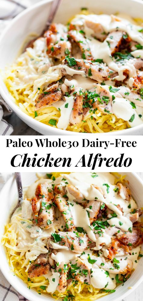 This creamy paleo chicken Alfredo is packed with flavor, quick to throw together and great for weeknights!  Tossed with perfectly “al dente” spaghetti squash, this meal is gluten free, dairy-free, low carb and Whole30 compliant.  #cleaneating #whole30 #lowcarb #keto Paleo Chicken Alfredo, Chicken Alfredo With Spaghetti Squash, Dairy Free Low Carb, Whole30 Dinner Recipes, Low Carb Low Fat Recipes, Whole30 Dinners, Whole 30 Diet, Boiled Egg Diet Plan, Spaghetti Squash Recipes