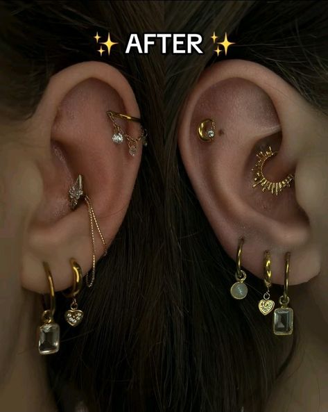 Daith Piercing Curation, Four Piercings Ears, Ear Curation Silver, Triple Ear Piercing Ideas, Earring Setup, Earring Curation, Ear Curation Ideas, Ear Piercing Placement, Piercings Idea