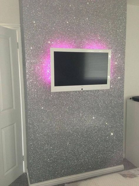 Glitter Wallpaper Bedroom, Glitter Accent Wall, Silver Glitter Wallpaper, Glitter Bedroom, Bedroom Silver, Glitter Room, Glitter Paint For Walls, Silver Bedroom, Sparkle Wallpaper