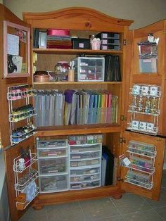 Turn an Armoire into Craft Storage! These are the BEST Home Organizing ideas! Old Closet Doors, Armoire Diy, Craft Storage Diy, Armoire Makeover, Storage Shed Organization, Tv Armoire, Small Craft Rooms, Craft Cabinet, Art Supply Organization