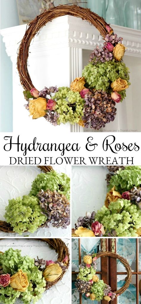 DIY Dried Hydrangea Wreaths | Grateful Prayer | Thankful Heart Wreaths With Dried Flowers, Christmas Wreath With Dried Hydrangeas, Making Dried Flower Wreath, Dried Floral Wreaths Diy, Dried Flower Wreath Diy Fall, Dried Flower Grapevine Wreath, Wreath With Dried Flowers, Dried Zinnia Wreath, Dried Floral Wreaths How To Make