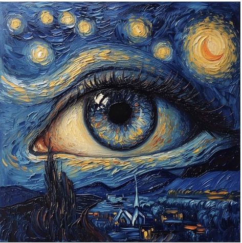 Starry Night Eye Drawing, Starry Nights Drawing, Van Gogh Painting Ideas, Van Gogh Eyes, Van Gogh Inspired Paintings, Starry Night Inspired Art, Starry Night Drawing, Van Gogh Night, Van Gogh Inspired Art