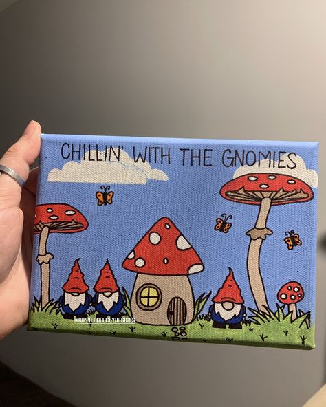 Acrylic painting Hippy Canvas Art, Gnomes And Mushrooms Painting, Dreamcore Painting Ideas, Cute Pictures To Paint On Canvas, Canvas Painting Ideas Mushrooms, Painting Ideas On Small Canvas Aesthetic, Gnome Drawing Ideas, Mushroom Canvas Painting Ideas, Mushroom Canvas Painting Easy