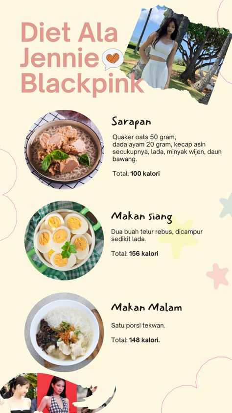 Siapa yang gamau punya badan ideal? Aku punya tips nih dari Jennie buat kamu yang mau diet! #dietplan #dietandnutrition #jennierubyjane #dietandhealthyeating #jennie #blackpink Diet Korean Plan, Blackpink Jennie Diet Plan, Jennie Diet Meal Plan, Jadwal Makan Diet, Blackpink Diet Plan, Korean Dieting Tips, Korean Diet Meal Plan Kpop, Jennie Diet Plan, Tips Diet Sehat