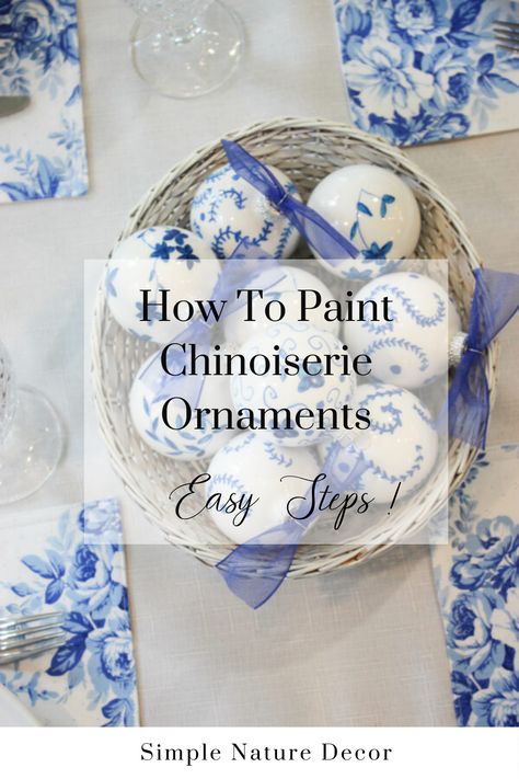 Diy Toile Christmas Ornaments, Porcelain Ornaments Diy, Toile Christmas Ornaments, Diy Blue And White Christmas Ornaments, Chinoiserie Christmas Ornaments, Chinoiserie Ornaments Diy, How To Paint Chinoiserie Diy, Diy Chinoiserie Ornaments, Blue And White Ornaments