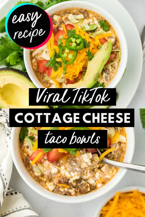 This simple and satisfying Cottage Cheese Taco Bowl is made with just 3 ingredients in 1 single bowl, and is ready to eat in less than 5 minutes. Serve this viral TikTok recipe with your favorite taco toppings for a cheesy, low carb, high protein taco inspired dish for Taco night! These taco bowls are great for meal prep too! Healthy cottage cheese recipe from @lowcalicious - visit lowcalicious.com for more delicious low calorie recipes. Taco Bowl With Cottage Cheese, Easy Healthy Meal For One, Healthy Hot Snacks, Low Sugar And Carbs Recipes, Vsg Meal Ideas, Protein Side Dishes Low Carb, Taco Meat And Cottage Cheese, Taco Protein Bowl, Cottage Cheese Tacos