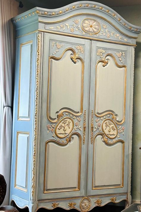 Custom Order: Gorgeous Vintage Painted French Armoire Wardrobe - Etsy Wardrobe Design Vintage, French Armoire Wardrobe, French Armoire Bedroom, French Rococo Armoire, Decorated Wardrobe, French Dressing Room, French Rococo Bedroom, Vintage Wardrobe Makeover, Vintage Wardrobe Closet