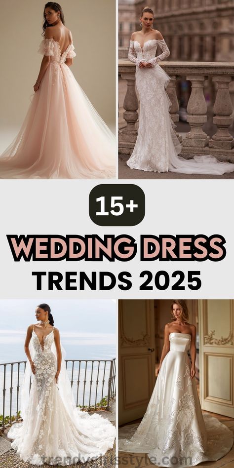 Discover the latest wedding dress trends for 2025, from bold designs to timeless classics. Explore elegant silhouettes, unique fabrics, and stunning details to make your big day unforgettable. Get inspired for your dream wedding look! Industrial Chic Wedding Dress, Modern Elegance Wedding Dress, Wedding Dresses To Elope In, Wild Wedding Dress, Wedd8ng Dress, Wedding Dress With Pop Of Color, 2026 Wedding Dress, 2025 Wedding Trends Dress, Wedding Dress For 40 Year Old Bride