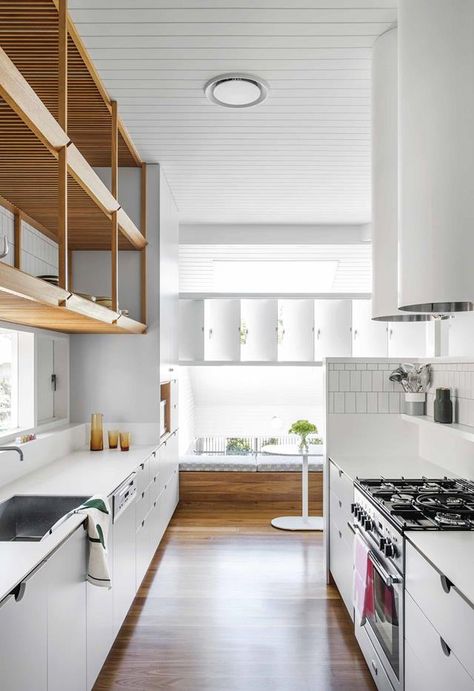 A classic, all-white timber Queenslander in Brisbane | Inside Out Interior Design Marketing, Banquette Cushions, Iconic Duo, All White Kitchen, Classic Kitchen, Modern Mansion, Interior Design Business, Modern Kitchen Cabinets, Casement Windows