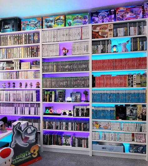 Gamer Collector Room, Gaming Room Shelves, Movie Collection Display, Gamer Basement, Video Game Storage Ideas, Gaming Shelves, Game Shelves, Collectors Room Ideas, Gaming Shelf