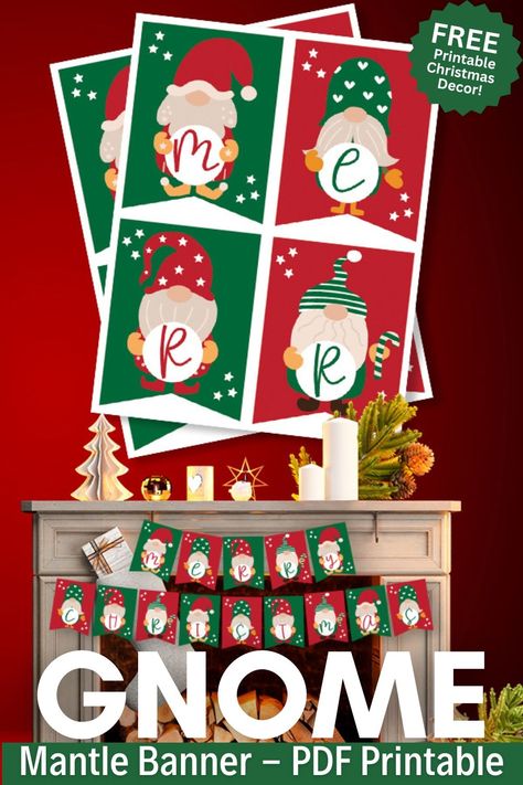 FREE Printable Christmas Gnome Mantle Banner Merry Christmas Banner Printable, Christmas Banner Printable, Christmas Banner Diy, Free Printable Banner Letters, Kids Banner, Banner Clip Art, Printable Banner Letters, Free Printable Banner, Christmas Download