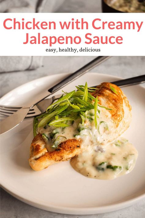 This easy 20 minute chicken breast dish is packed with Spicy flavor from a homemade jalapeno cream sauce. It's a quick, light, and super delicious main dish. Jalapeno Cream Sauce, Creamy Jalapeno Sauce, Chicken Breast Dishes, Amazing Slow Cooker Recipes, Minute Chicken, Slender Kitchen, Ww Points, Weight Watchers Chicken Recipes, Sauce For Chicken