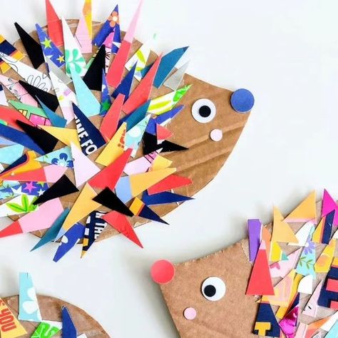 Egg Carton Owl, Kindergarten Art Lessons Shapes, Collage Crafts For Preschool, Art Projects For Three Year Olds, Collage Elementary Art, Ks1 Art Ideas, Hedgehog Art For Kids, Cardboard Hedgehog, Kids Collage Ideas