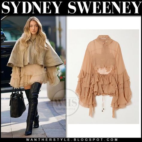 Sydney Sweeney in beige cape, chloe beige ruffle blouse dress and black boots Sydney Sweeney Chloe, Chloe Inspired Outfits, Sydney Sweeney Fashion, Romantic Outfit Aesthetic, Sydney Sweeney Outfits, Ruffle Blouse Outfit, Dress And Black Boots, Chloe 2024, Chloe Outfit