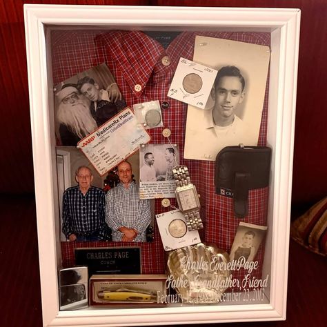 Remembrance Picture Frame, Grandpa Shadow Box Ideas, Memorial Box Frame Ideas, Mom Memorial Shadow Box Ideas, Obituary Keepsake Ideas, Remembrance Shadow Box Ideas, Diy Shadow Box Ideas Memories, Memorial In Home, Grandpa Memory Ideas