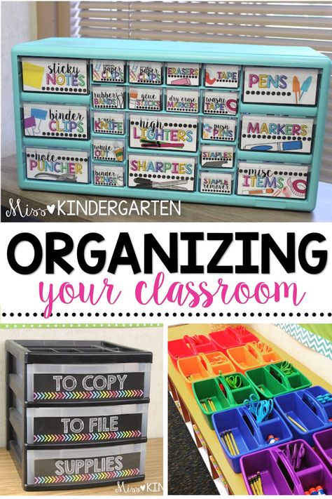 Learn how to be a more organized teacher! These classroom organization ideas will help you keep your desks, centers, and supplies organized! Teacher Desk Supplies Organization, Art Teacher Desk Organization, Classroom Workbook Storage, Teachers Desk Organization, Teacher Supply Organization, Teacher Storage Organization, Classroom Supply Organization, Classroom Storage Ideas, Classroom Organization Ideas