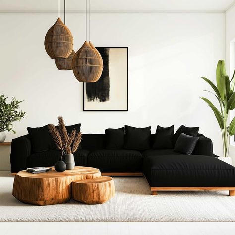 organic_modern_living_room_black_couch (20) Living Room With Black Couch, Charcoal Sofa Living Room, Dark Couch Living Room, Black Couch Decor, Black Couch Living Room Decor, Cowhide Rug Living Room, Black Sofa Living Room Decor, Black Couch Living Room, Black Sofa Living Room