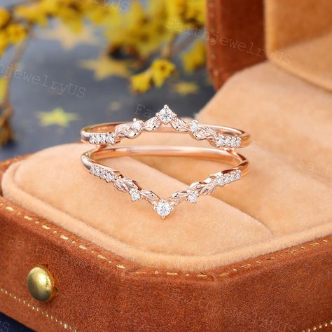 Vintage Moissanite Double Wedding band Rose Gold Micro Pave Diamond Enhancer band Promise Bridal Leaf wedding jacket Anniversary Ring gift. Micro Pave Moissanite Enhancer wedding ring DETAILS OF THIS RING ※Stones: Clear Moissanite  Cut & Shaped: Round cut Size: 1.1mm & 1.9mm Total carat: About 0.15ct Color: DEF Clarity: VS - VVS ※Or Stones: Natural Diamond Cut: Round cut Total Carat: 0.15ct Color: GHI Clarity: SI-VS ※Band Width*Thickness: 4.7mm*1.2mm ※Gold(14K) Weight: About 3.1g COMMON CONCERNS *Tips About your Ring size Please rest assured that we are using a standard US size. When interested in our ring, you can refer to any US size ring you wear! If you are from other countries, please refer to our listing's second image to find the most suitable ring size for you! If you have no idea Wedding Band Jacket Gold, Emerald Cut Ring Enhancer, Double Wedding Band, Ring Jacket, Wedding Ring Jackets, Double Band Wedding Ring, Wrap Wedding Band, Medieval Wedding Theme, Double Wedding Bands