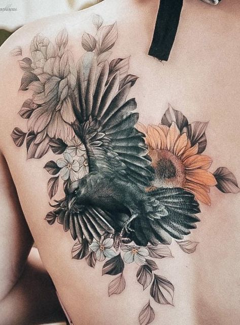 Magpie Back Tattoo, Crow Tattoos For Women, Raven Tattoo Feminine, Black Crow Tattoos, Crow Tattoos, Cover Up Tattoos For Women, Crow Tattoo Design, Floral Back Tattoos, Rose Tattoos For Women