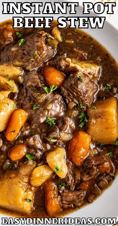 Our Instant Pot Beef Stew is the easiest, most satisfying stew you'll make! It's loaded with tender beef and hearty carrots and potatoes that are folded into a savory broth richly flavored with red wine. Plus, it's ready in minutes so you can have a comforting dinner on the table fast. Instant Pot Beef Stew With Red Wine, Favorite Instant Pot Recipes, Beef Stew Instant Pot Slow Cook, Stewed Beef Instant Pot Recipes, Ip Beef Stew Recipe, Stew Recipe Instant Pot, Tomato Free Beef Stew, Instapot Beef Stew Meat Recipe, Best Beef Stew Recipe Instant Pot